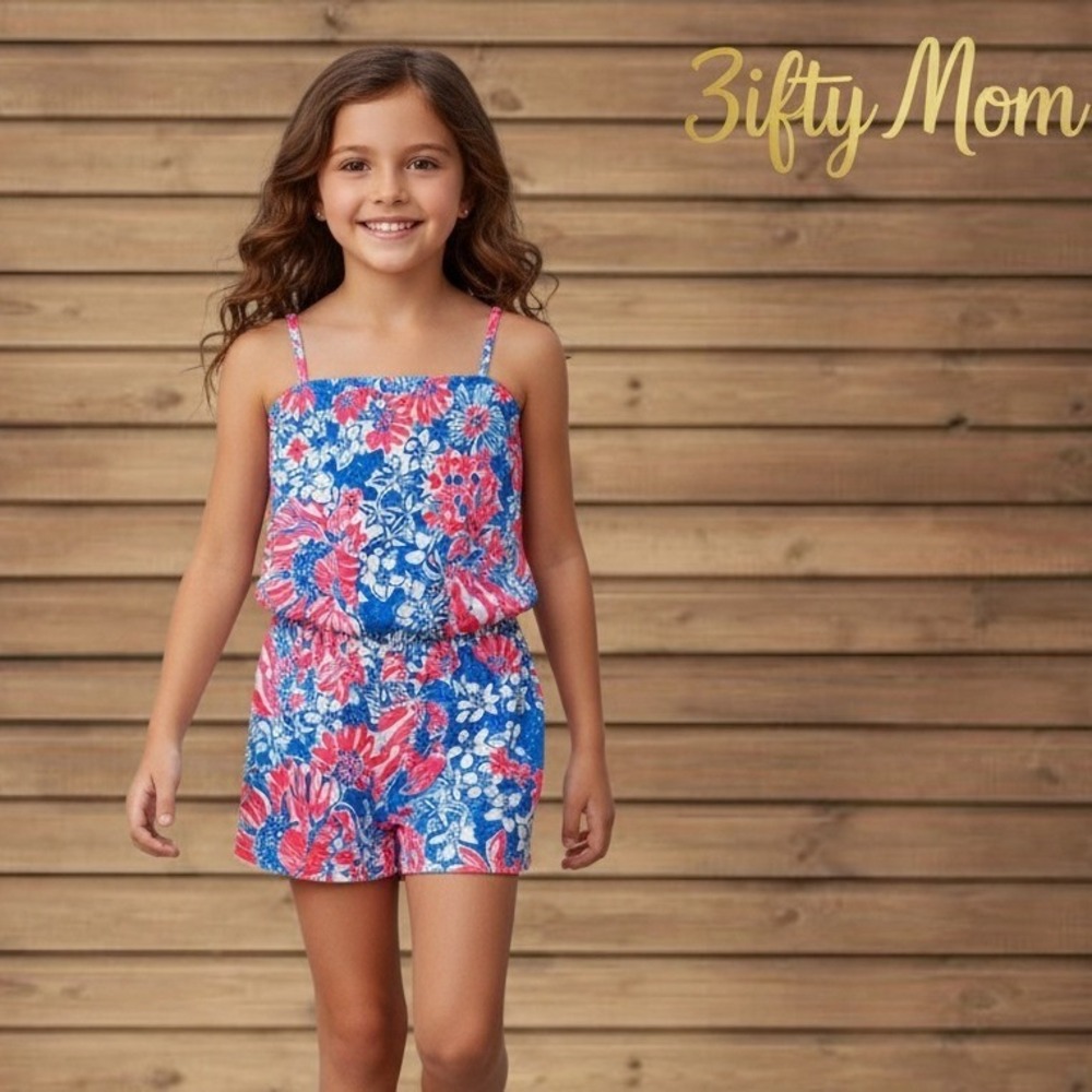 Lilly Pulitzer Girls Blue Pink Floral Sea Life Cotton Romper Size Large 8-10